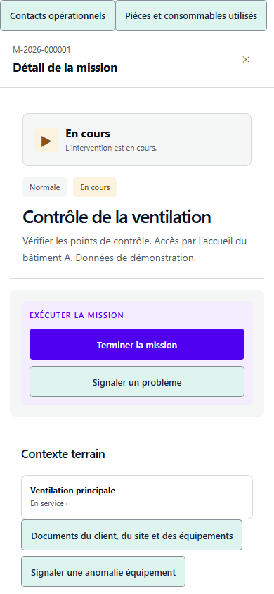 Véritable détail d’une mission sur mobile, avec données fictives